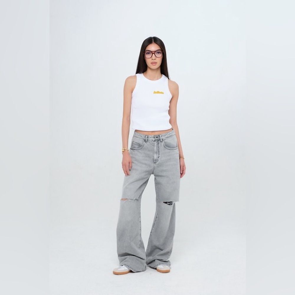 Wide Leg Distressed Gray Women's Jeans
